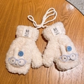 Kids plush neck warmer gloves set featuring 3D rabbit decor in creamy white fleece - Beige Gloves Blue Button
