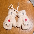 Plush cream mittens for kids with rabbit patch and white anti-lost hanging cord - Beige Gloves Red Button