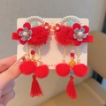 Fermagli per capelli in stile cinese con fiocchi rossi, perle bianche e nappe pendenti - Nappa Perle Rosse
