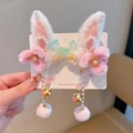 Barrettes oreilles de lapin en peluche rose et blanc avec cloches et pompons - Oreilles Roses