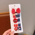 Set de 5 barrettes bleues denim pour filles avec nœuds à pois rouges et ourson - Ours en Robe Rouge