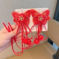 Barrettes papillon rouges avec perles et longs glands pour tenue de style chinois - Ruban Papillon Brodé