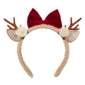 Weihnachts-Haarreif mit Rentiergeweih, roter Samtschleife und goldenen Glitzerohren - Geweih Schleife Haarreif (5962723537374)
