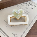 Green marble heart hair claw clip with cream base and golden metal hardware teeth - 1-Green Heart