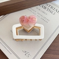 Sweet 6cm heart shark clip with pink marble pattern on white frame and gold spring - 2-Pink Heart