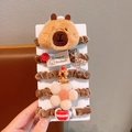 Set van 5 schattige bruine pluche haarelastiekjes met capibara-motief van fluweel - Glimlachende Capybara