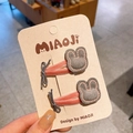 Pair of gray felt rabbit hair clips with pink stitching and velvet ribbon bows - Rabbit Snap Clip