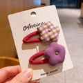 Barrettes à fleurs faites main en tissu violet et jaune à carreaux sur carte - 2-Série Violet Barrette