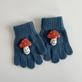 Kids navy blue knit full finger gloves featuring red mushroom embroidery and ribbed cuffs - Blue Mushroom