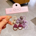Set of autumn/winter plaid flower hair ties featuring knit hearts and floral balls - Purple Series