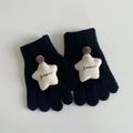 Cozy black knitted gloves for kids with white star plush and brown pompom details - Black Star