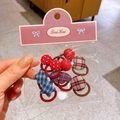 Girl's elastic hair tie set featuring red polka dot buttons and plaid star charms - 10 Pieces Set / 5-Red & Blue