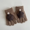 Kids khaki knitted five-finger gloves with brown star patch and white pom-poms - Khaki Star