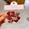 Cute red heart and plaid pattern elastic hair ties set with button flower decorations - 10 Pieces Set / Red
