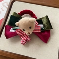 Christmas hair tie with burgundy and green velvet bow and a cute plush bear charm - Christmas Stereoscopic Bear Hair Tie