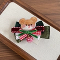 Christmas bear hair clip with red and green ribbon bow and white lace details - Bear Hair Clip
