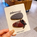 Two-piece hair clip set with dark grey wool oval clip and red-brown plaid bow hairgrip - Plaid Water Drop Clip