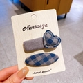 Blue and grey plaid fabric hair clip set with heart motif on display card - Heart Square Clip