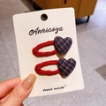 Barrettes à cheveux mignonnes en velours rouge avec cœurs brodés à carreaux - Barrette Snap Cœur à Carreaux
