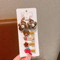 6-piece set of brown velvet flower hair ties and cartoon bear clips for girls - Coffee Colors