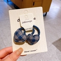 Set of two heart-shaped grey plaid hair ties with white stitching on display card - Heart Scrunchie