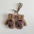 Brown knitted toddler mittens with string and 3D boot charm for winter warmth - Khaki (Gloves)