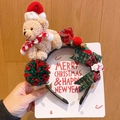 Christmas reindeer headband with plush bear and festive plaid ribbon accessories - 3-3D Large Bear Headband