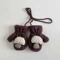 Kids warm knit mittens in dark purple with mushroom applique and fleece lining - Brown (Gloves)