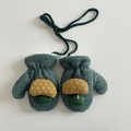 Thick knit dark green toddler mittens with yellow mushroom patch and neck string - Green (Gloves)