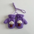 Purple thick knitted gloves for kids with neck string and cute 3D mushroom patches - Purple (Gloves)