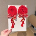 Rode pluche haarelastiekjes met strikken en kwastjes voor Chinees Nieuwjaar - Strik Met Patroon Vuurwerk Kwastje