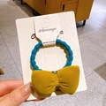 Handmade velvet bow hair scrunchie in yellow and blue colors on display card - Blue Ring Yellow Bowtie