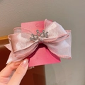 Pink organza bow hair clip with silver rhinestone crown on display card for girls - Pink Gauze Bow