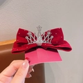 Barrette à cheveux en velours rouge avec couronne en strass pour filles - Nœud à Points en Strass Bordeaux
