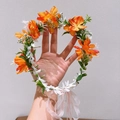 Couronne de fleurs princesse avec fleurs en soie orange et blanc et ruban rose - Orange