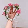 Bandeau à fleurs roses et blanches avec feuilles vertes et ruban pour petite princesse - Rouge Rose