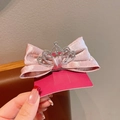 Pink ribbon bow hair clip with silver rhinestone crown for girls festive styling - Pink Princess Crown Bow