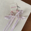 Pink plaid ribbon hair scrunchie with white pearl bow and sweet ballet style design - Hair Tie / Pink