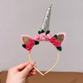 Einhorn Haarreif mit silbernem Horn und rosa Stoffrosen für Mädchen Geburtstag - Silberne Blume