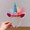 Glitzer Einhorn Stirnband mit Regenbogennetz und bunten Stoffblumen Dekor - Blaues Mesh