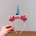 Unicorn headband with blue glitter horn and pink handmade flowers for party wear - Blue Flower