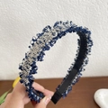 Blau-weißer Tweed Haarreif breit mit Goldfäden und rutschfesten Haarzähnen - Fransenrand Stil (Dunkelblau) / Dunkelblau