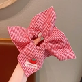 Red gingham bow scrunchie featuring a cute apple patch and white fabric label - Red Plaid