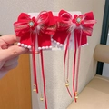 Rote Samtschleifen-Haarspangen mit weißen Pompons und langen Quasten für Mädchen - Edelstein Staubblatt Dünnes Band