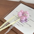 Pink and white plaid flower hair tie with yellow ribbons and lace trim for girls - Pink