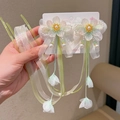 Detalle de pinzas para el cabello Hanfu con flores, cintas verdes, perlas y borlas - Chunjiangyue Rosa Verde D153#