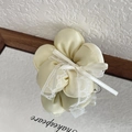 Floral silk scrunchie in pale yellow with a white lace bow detail for girls - Yellow