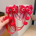Traditionelle rote chinesische Schleifen-Haarspange mit Perlen und langen Seidenbändern - Blume Perle Schleife Stil