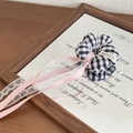 Kids black and white plaid flower scrunchie with pink silk ribbon and lace bow hair accessory - Black