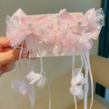 Detail of pink tassel hair clips with butterfly lace and floral beads for girls - Peach Pink Lace Bow